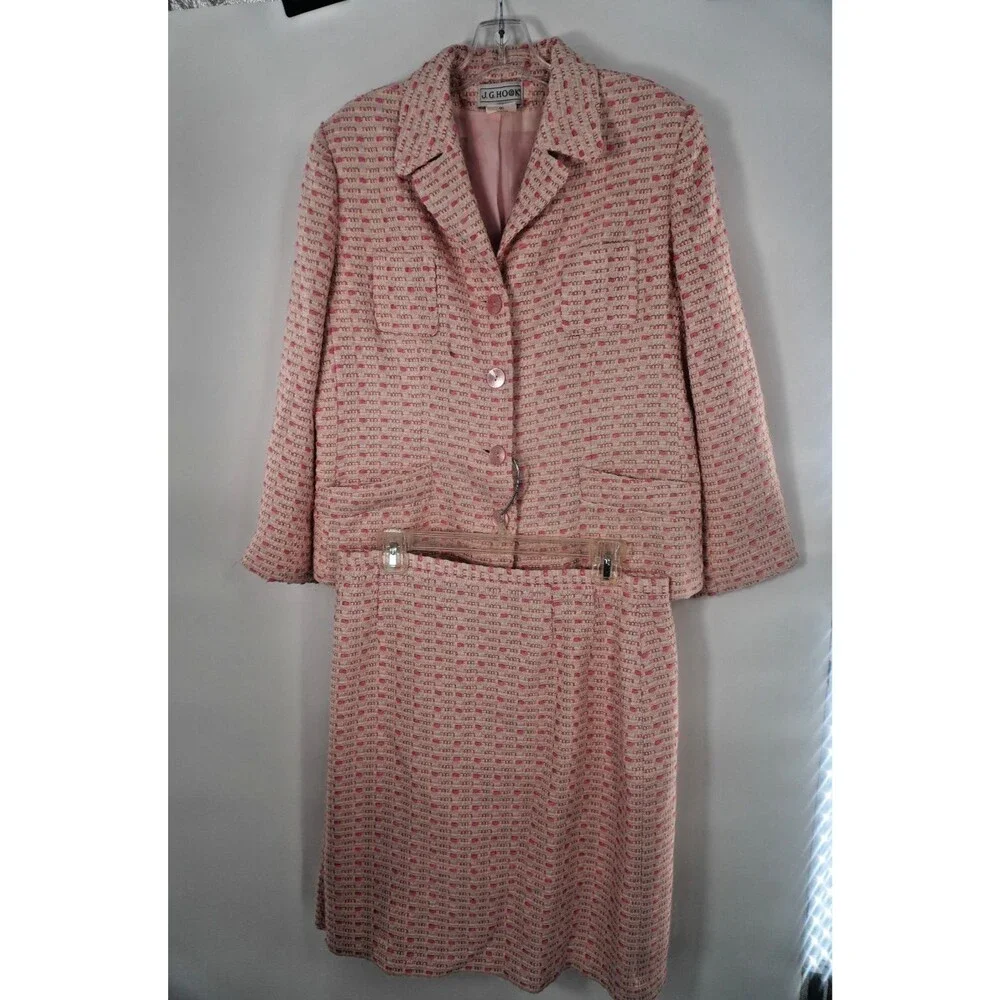 J.G. Hook Women 16 Pink Tweed Vintage Barbie CorpcorePlaid Blazer & Pencil Skirt